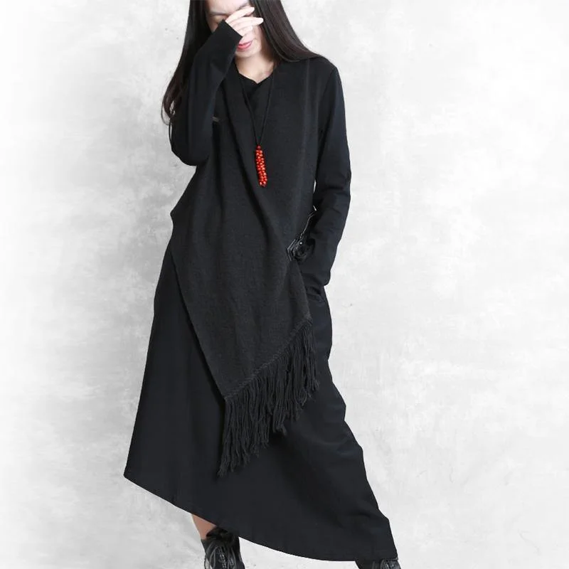 Organic false two pieces cotton asymmetric quilting clothes Fabrics black A Line Dresses