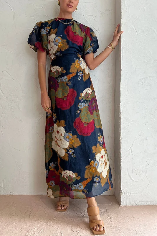 Our Greatest Love Watercolor Floral Puff Sleeve Cutout Elastic Waist Maxi Dress Comfortable Maxi Dress with Belt