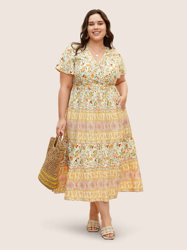 Overlap Collar Boho Print Ruffle Sleeve Dress