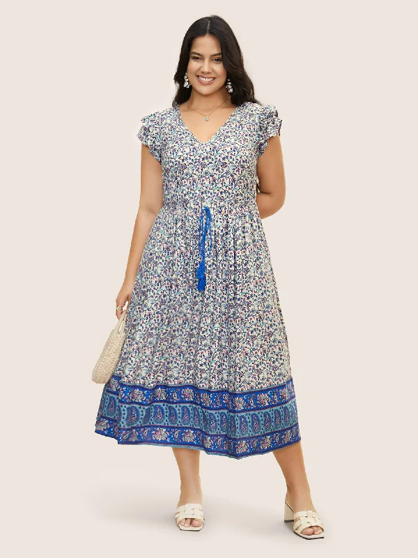 Paisley Print Tiered Ruffles Pocket Dress