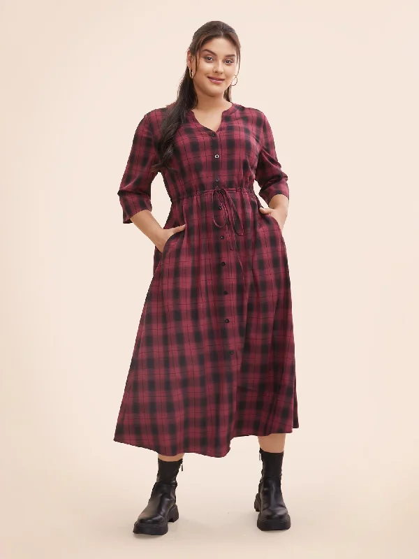 Plaid Drawstring Notched Pocket Maxi Dress Fashionable Maxi Dress with Fringe