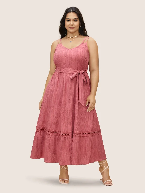 Plain Texture Woven Ribbon Belted Dress