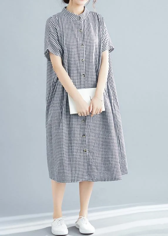 Plus Size Black White Plaid Cotton Pockets Summer Dress