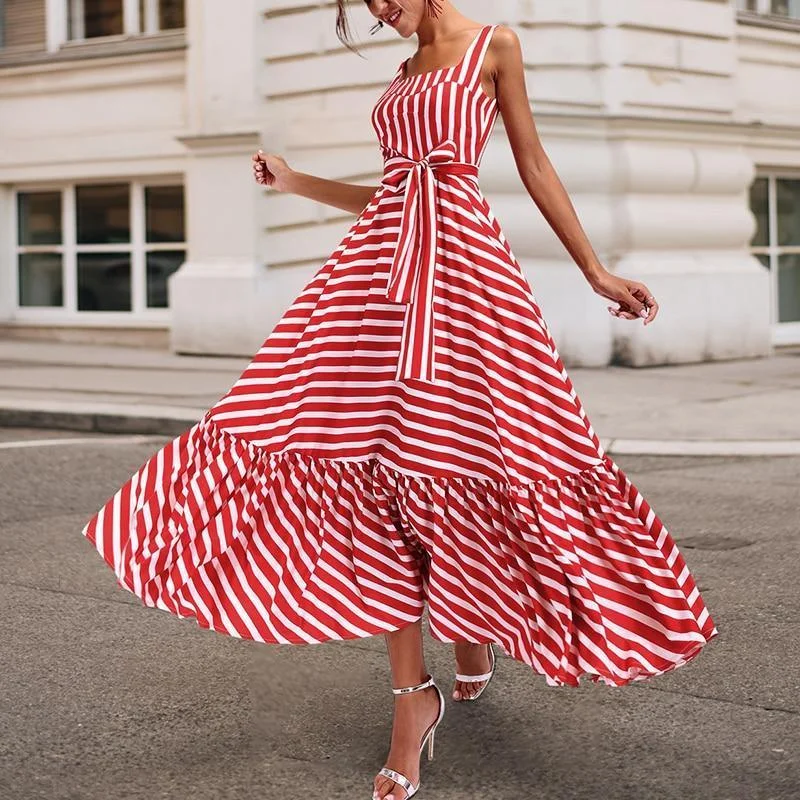 FashionSierra - Plus size bohemian maxi dress women square collar sashes pleated dress Elegant Maxi Dress with Belt FashionSierra - Plus size bohemian maxi dress women square collar sashes pleated dress Elegant Maxi Dress with Belt