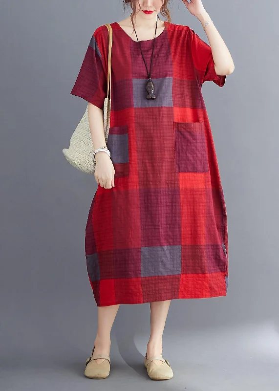 Plus Size Corron Linen Red O Neck Plaid Summer Maxi Dresses Fashionable Off-Shoulder Maxi Dress