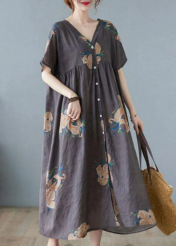 Plus Size Grey Retro Button Summer Print Half Sleeve Maxi Dress Trendy Floral Print Maxi Dress