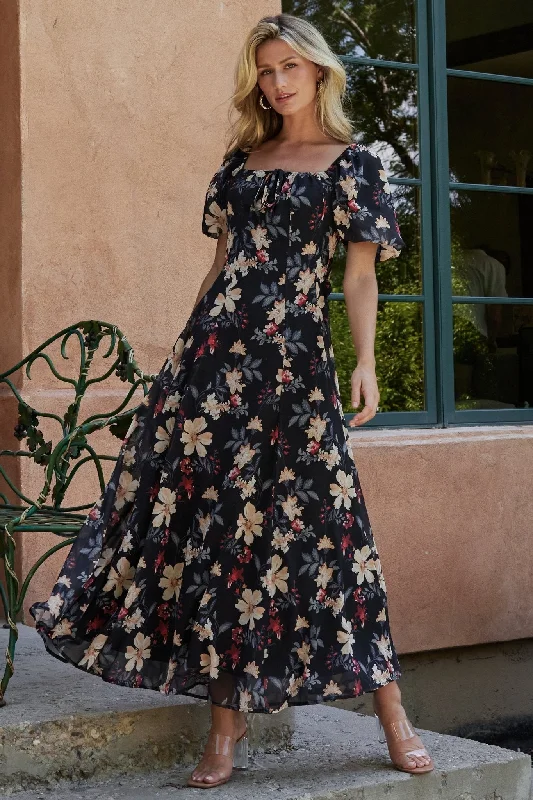 Raelynn Maxi Dress | Black Floral Elegant Maxi Dress with Pockets