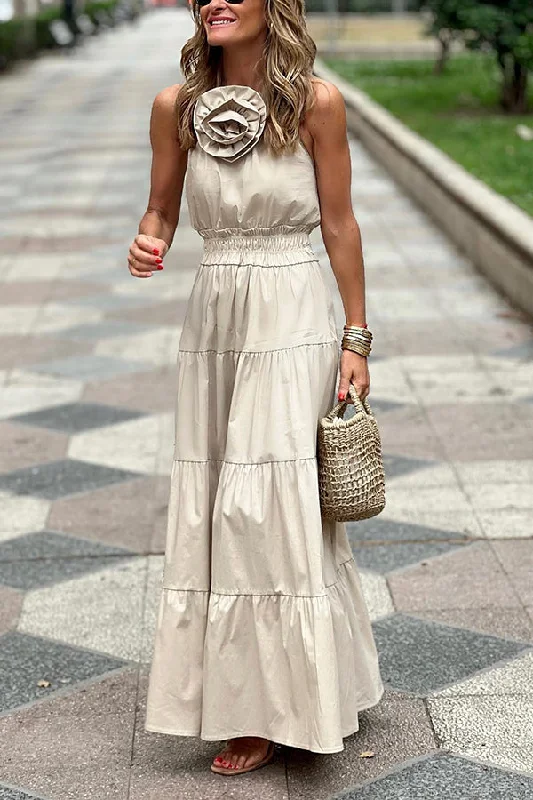 Rose's Secret Floral Neckline Smocked Waist Tiered Halter Maxi Dress Cozy Ribbed Maxi Dress