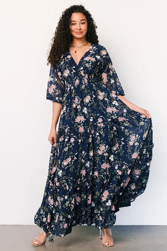 Sawyer Tiered Maxi Dress | Navy + Pink Stylish A-Line Maxi Dress