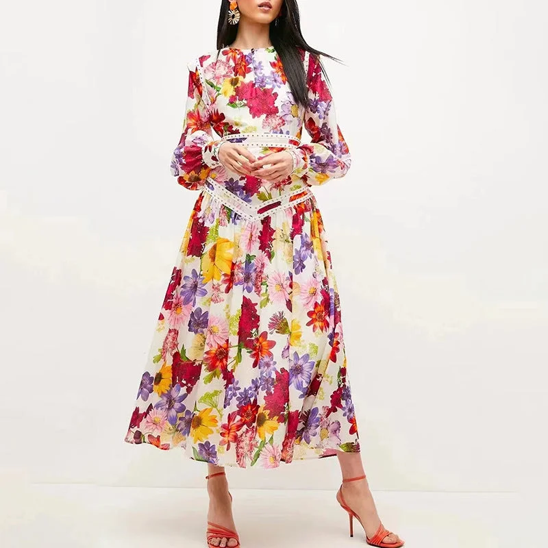 Seaside Holiday Style Beach Dress 2022 New Round Neck Puff Sleeves Beaded Decorative Print Lotus Leaf Dress Women
