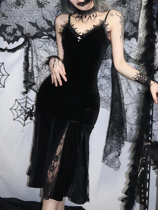 Sexy Spaghetti Strap Backless Velvet Gothic Cross Black Lace Patchwork Maxi Dress Comfortable Pleated Maxi Dress Sexy Spaghetti Strap Backless Velvet Gothic Cross Black Lace Patchwork Maxi Dress Comfortable Pleated Maxi Dress