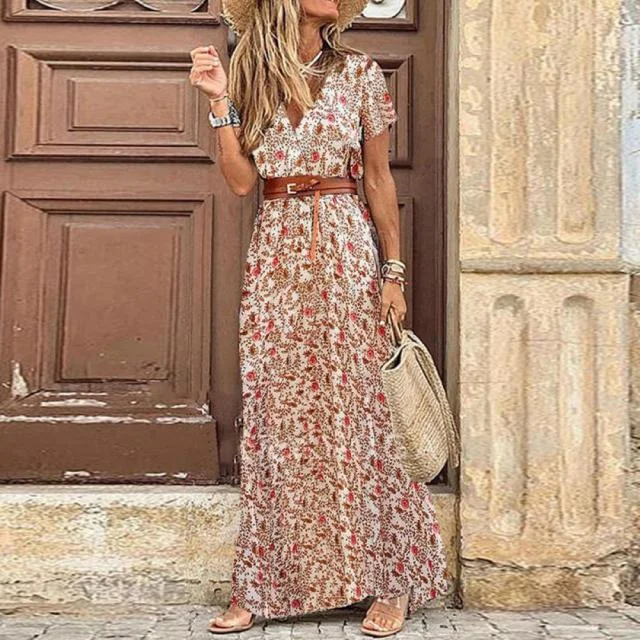 Amy Fashion - Sexy V-neck Short Sleeve Belted Maxi Dress Trendy Maxi Dress with Lace