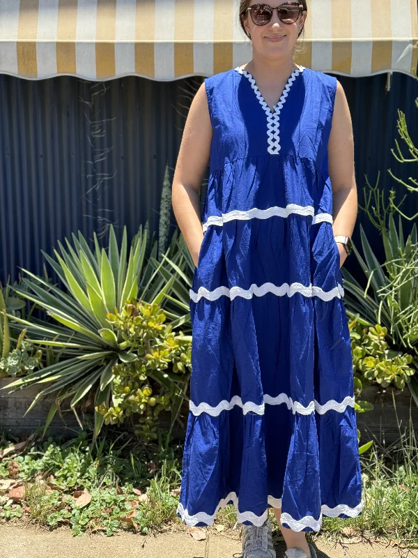 Sicily Cobalt Ric Rac Maxi Dress Comfortable Pleated Maxi Dress