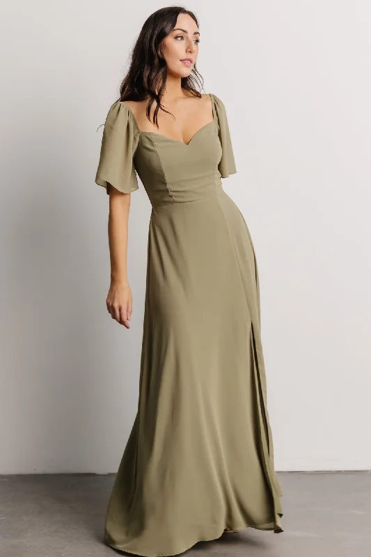 Sierra Sweetheart Maxi Dress | Dusty Olive Trendy Satin Maxi Dress