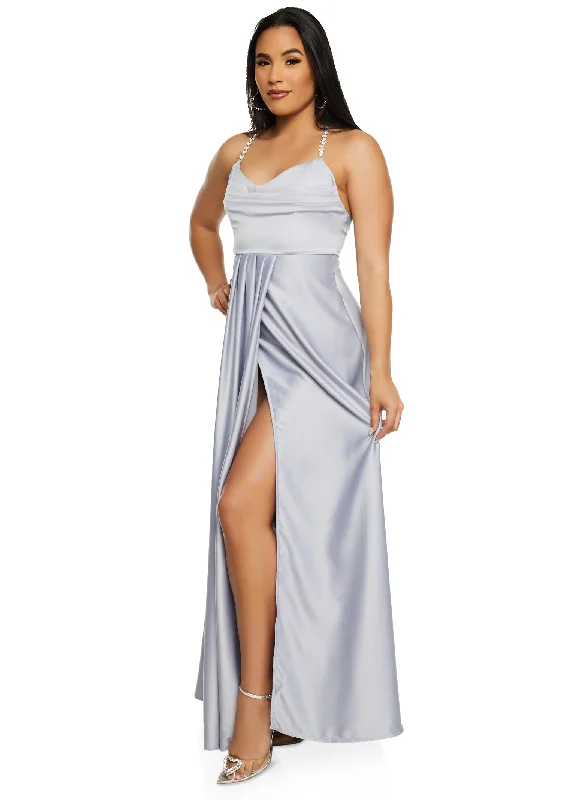 Haute Monde Rhinestone Strap Satin Maxi Dress Trendy A-Line Maxi Dress
