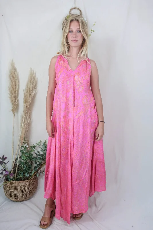Siren Maxi Dress - Barbara Pink Paisley Maze - Vintage Indian Silk - M/L Fashionable Faux Wrap Maxi Dress Siren Maxi Dress - Barbara Pink Paisley Maze - Vintage Indian Silk - M/L Fashionable Faux Wrap Maxi Dress