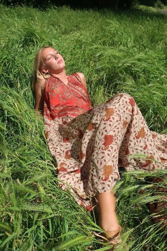 Siren Maxi Dress - Crimson and Ecru Palace Tiles  - Vintage Indian Silk - M/L Cozy Wrap Maxi Dress