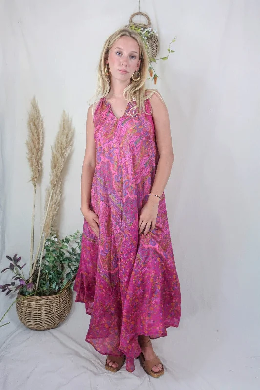Siren Maxi Dress - Fuchsia and Ochre Intricate Ikat- Vintage Indian Silk - M/L Classic Strapless Maxi Dress Siren Maxi Dress - Fuchsia and Ochre Intricate Ikat- Vintage Indian Silk - M/L Classic Strapless Maxi Dress