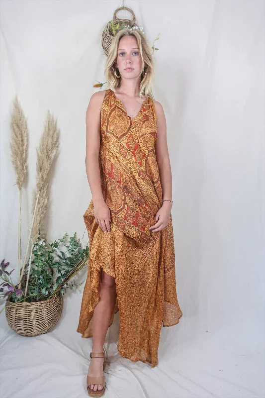 Siren Maxi Dress - Honey Suckle and Cinnamon Ornate Motif - Vintage Indian Silk - M/L Trendy Floral Print Maxi Dress Siren Maxi Dress - Honey Suckle and Cinnamon Ornate Motif - Vintage Indian Silk - M/L Trendy Floral Print Maxi Dress