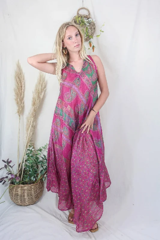 Siren Maxi Dress - Magenta and Moss Chevron Paisley - Vintage Indian Silk - M/L Cozy Spaghetti Strap Maxi Dress