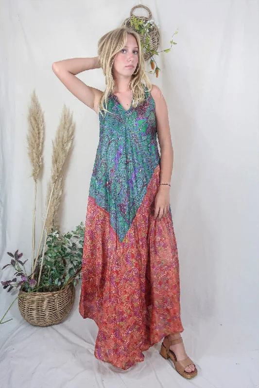 Siren Maxi Dress - Paprika and Parakeet Paisley Forrest - Vintage Indian Silk - M/L Comfortable Fit-and-Flare Maxi Dress