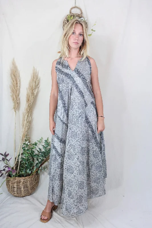 Siren Maxi Dress -  Slate and Ice Mandala Motif - Vintage Indian Silk - M/L Fashionable Printed Maxi Dress