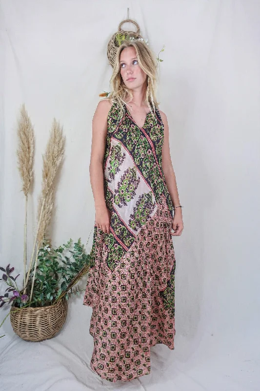 Siren Maxi Dress - Taupe and Midnight Block Print Floral Ikat - Vintage Indian Silk - M/L Fashionable Button-Down Maxi Dress