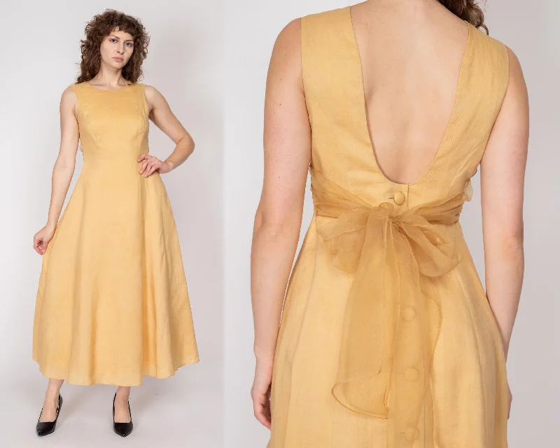 Sm-Med 90s Golden Yellow Low Back Chiffon Tie Maxi Dress, As Is Elegant Maxi Dress with Belt