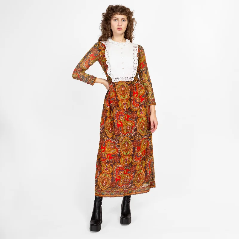 Small 60s 70s Boho Paisley Bib Maxi Dress Elegant Maxi Dress with Pockets