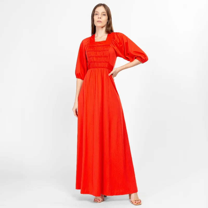 Small 70s Blood Orange Puff Sleeve Prairie Maxi Dress Elegant Maxi Dress with Slit