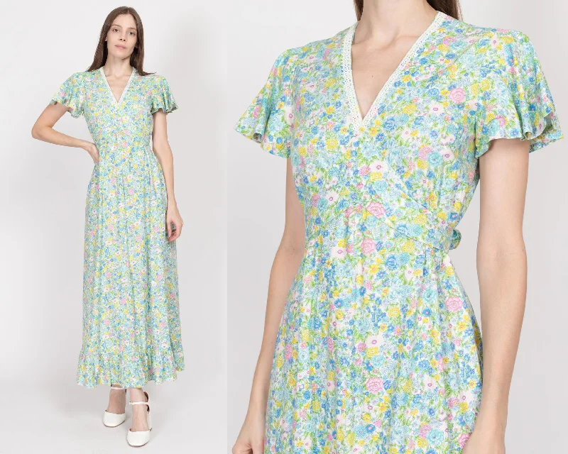 Small 70s Blue & Green Floral Flutter Sleeve Maxi Dress Elegant Pleated Maxi Dress