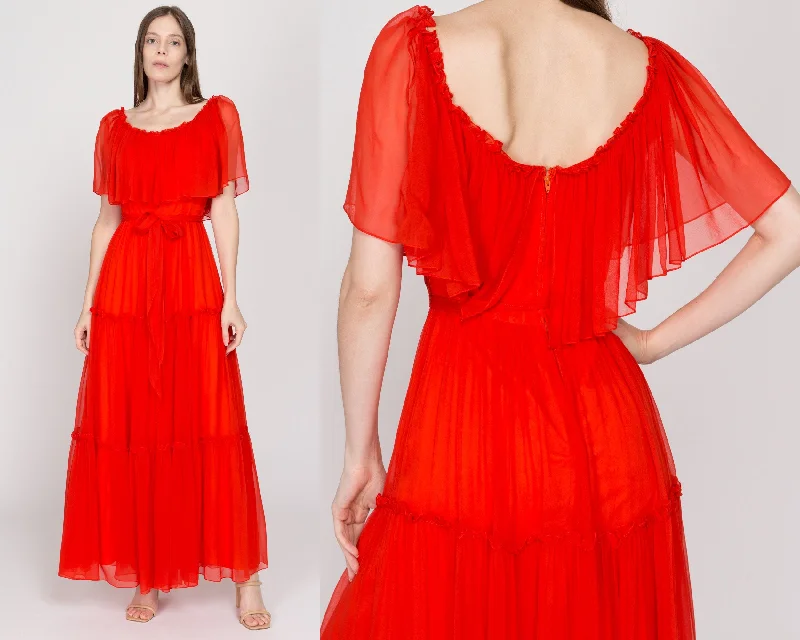 Small 70s Boho Blood Orange Chiffon Capelet Maxi Dress Comfortable Fitted Maxi Dress