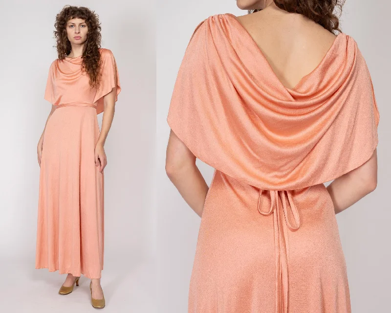 Small 70s Grecian Peach Draped Back Evening Gown