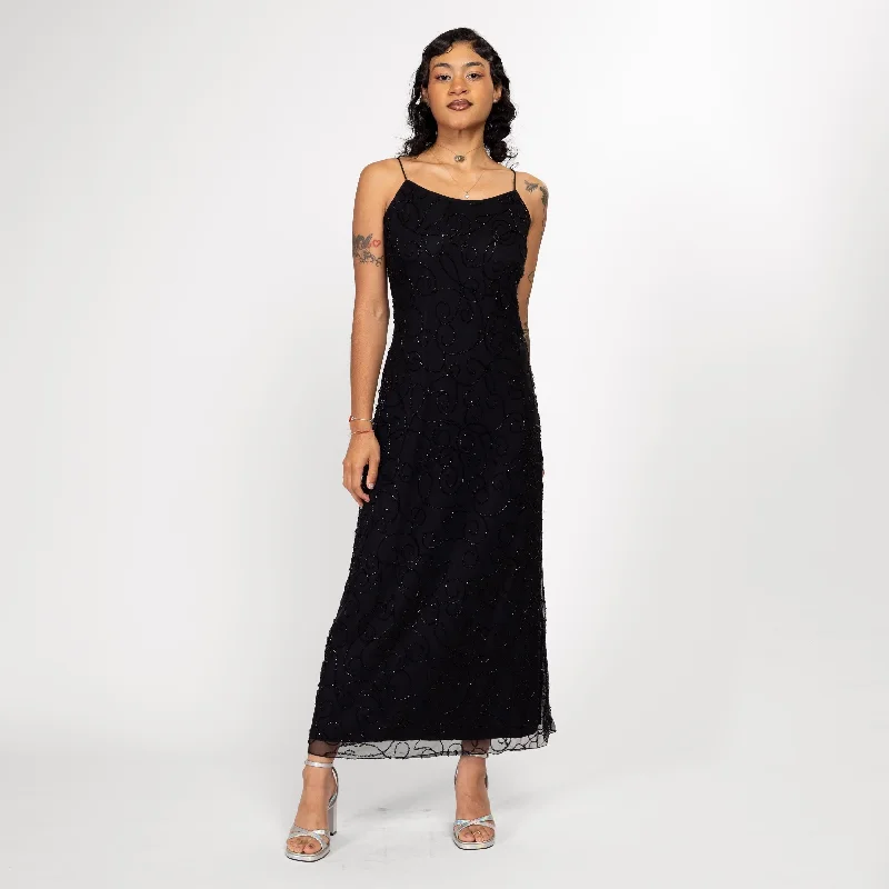 Small 90s Black Beaded Slinky Formal Gown