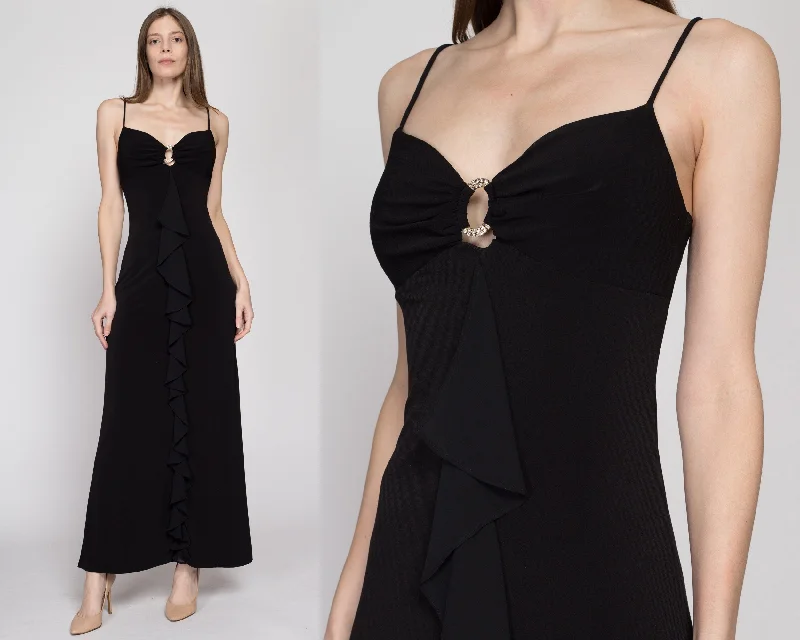Small 90s Black Rhinestone Trim Ruffle Gown