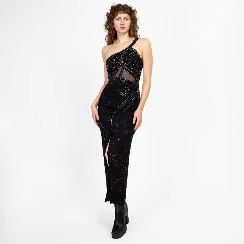 Small 90s Black Silk Beaded Slinky Evening Gown