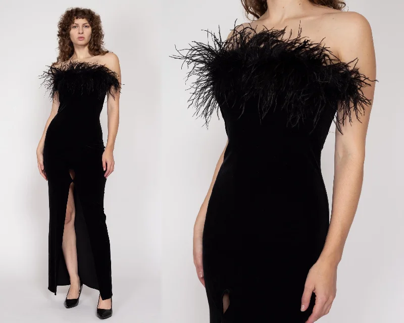 Small 90s Black Velvet Marabou Feather Evening Gown