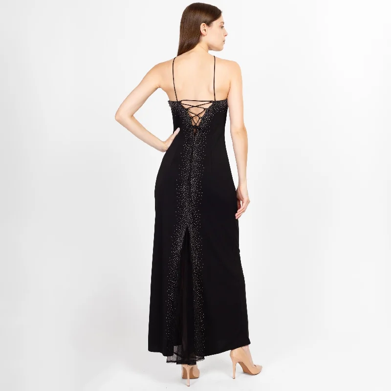 Small 90s Dave & Johnny Black Beaded Low Back Maxi Dress Chic Off-Shoulder Maxi Dress