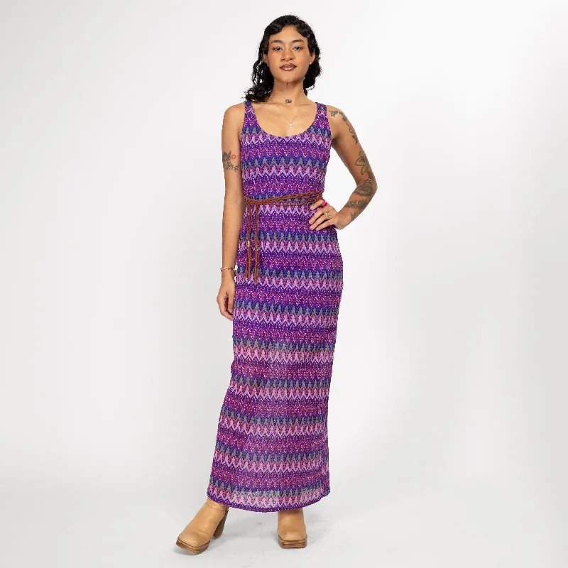 Small Y2K Boho Purple Flame Stitch Knit Maxi Dress Stylish Long Sleeve Maxi Dress