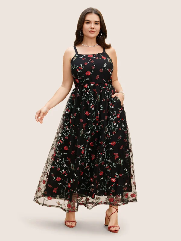 Square Neck Mesh Embroidered Cami Dress