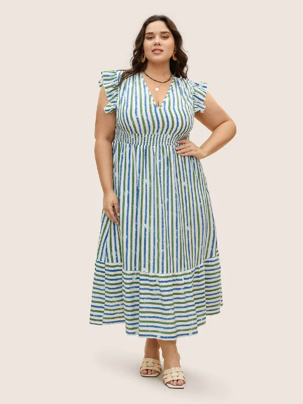 Striped Ruffle Cap Sleeve Shirred Dress