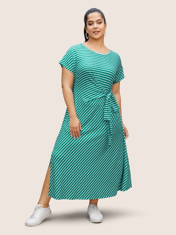 Striped Tie Knot Batwing Sleeve Split Side Dress