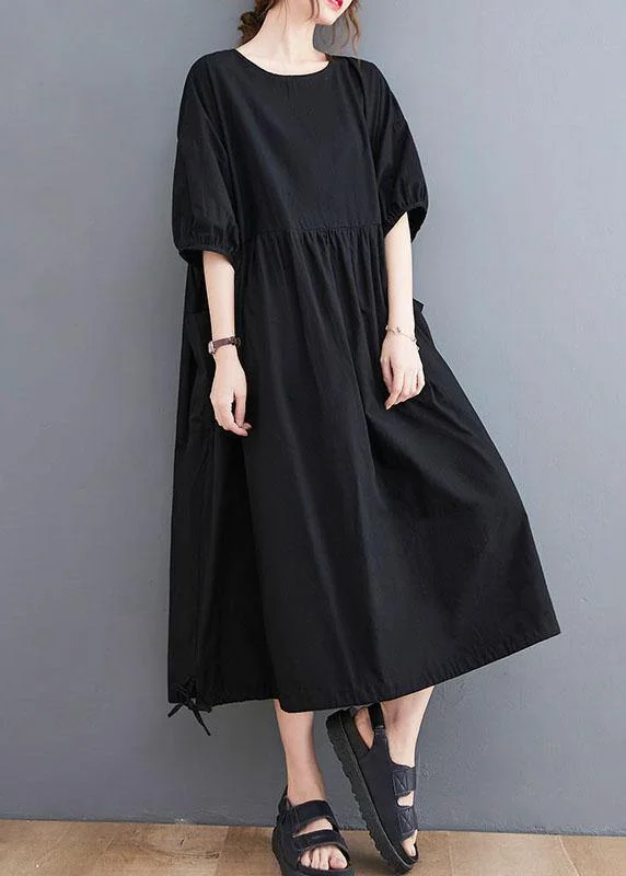 Style Black Cinched O Neck Holiday Dress Puff Sleeve