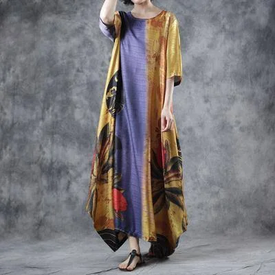 Style Chiffon Yellow Round Neck Clothes Half Sleeve Loose Printed Dress
