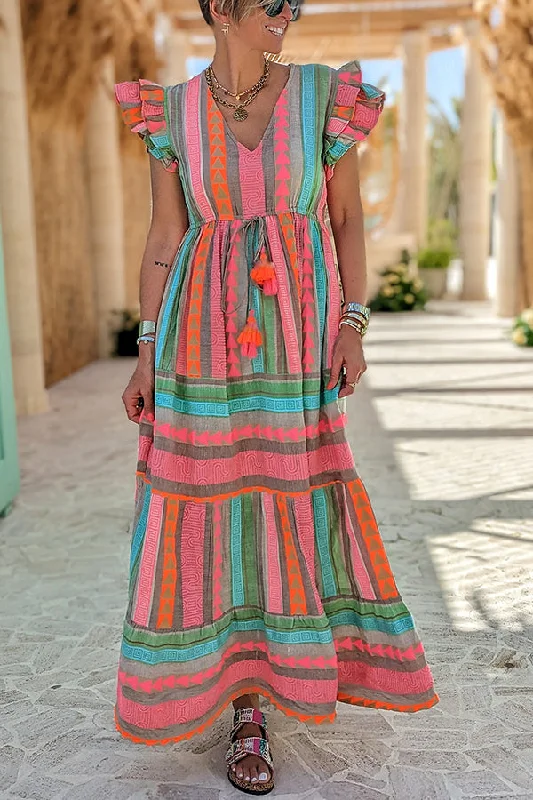 Sunlit Magic Linen Blend Ethnic Print Ruffle Sleeve Tassel Maxi Dress Comfortable Long-Sleeve Maxi Dress Sunlit Magic Linen Blend Ethnic Print Ruffle Sleeve Tassel Maxi Dress Comfortable Long-Sleeve Maxi Dress