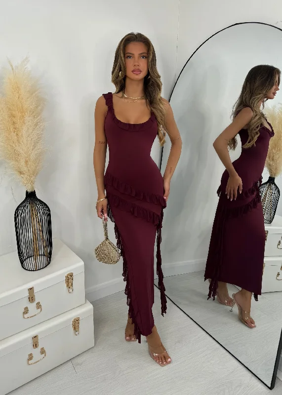 Sweet Intentions Ruffle Maxi Dress - Burgundy Elegant Sleeveless Maxi Dress