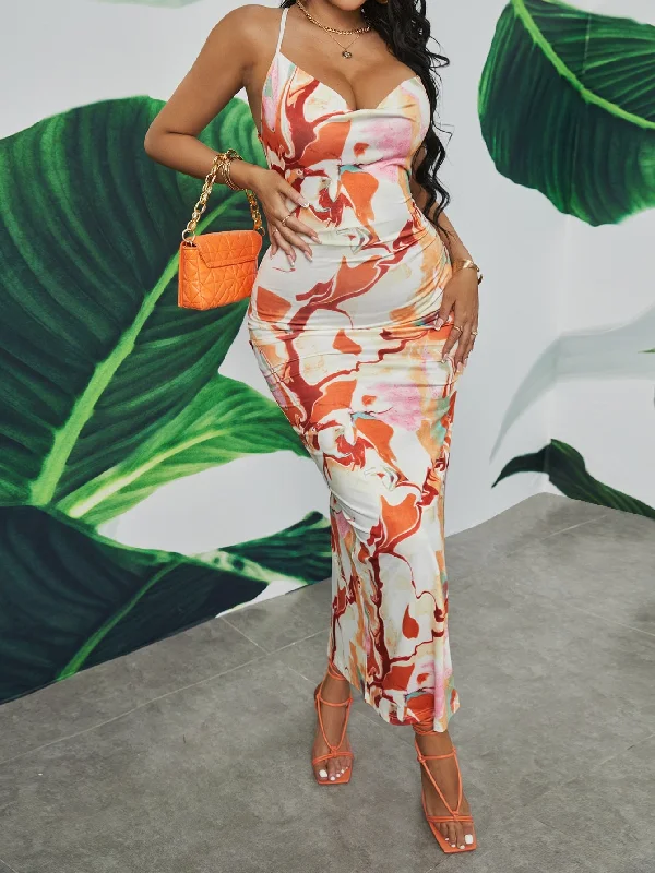 Amy Fashion - Tie Dye Lace Up Backless Split Thigh Dress