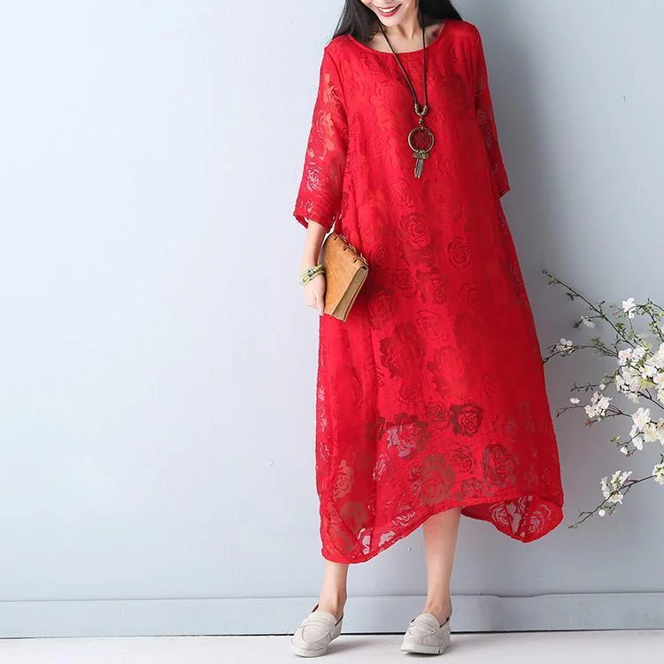 fine red summer hollow out maxi dress o neck Half sleeve summer dress asymmetric chiffon dress Chic Summer Floral Maxi Dress