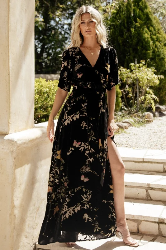 Uma Velvet Maxi Dress | Black Butterfly Print Comfortable Long-Sleeve Maxi Dress