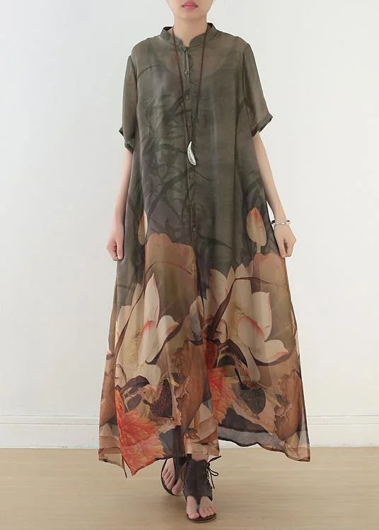 Unique stand collar side open chiffon outfit boutique Ideas chocolate print Dresses